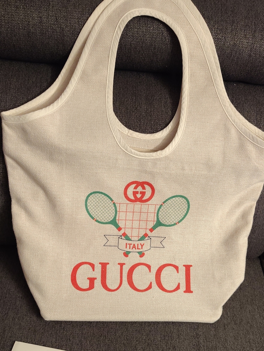 Gucci Cream Canvas Tote with Red Logo and Green Tennis Motif
